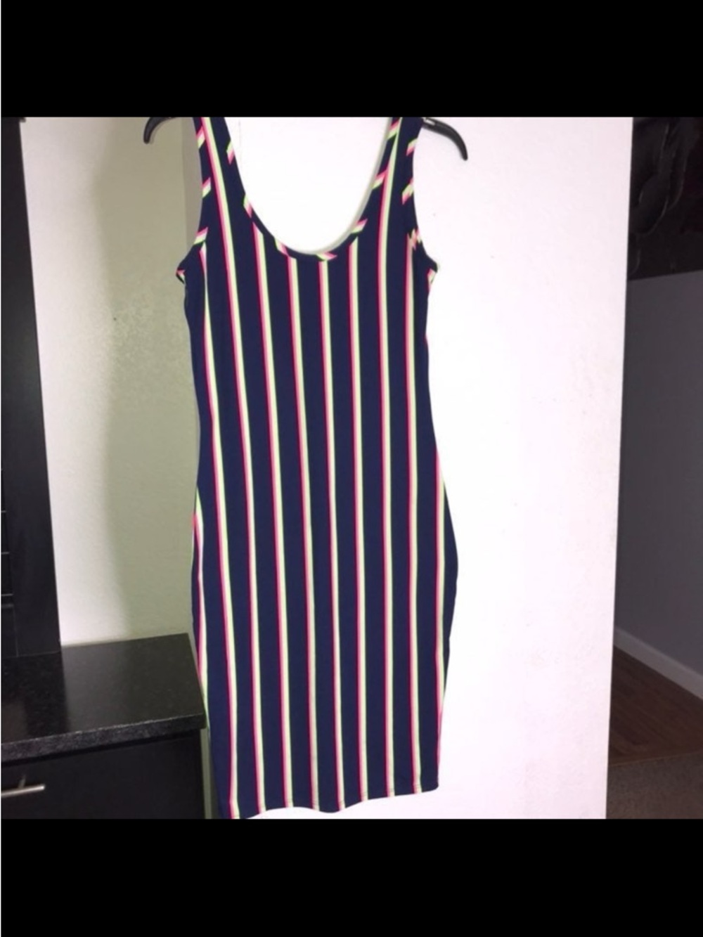 Sleeveless Navy Mini Dress with Pink and Yellow Stripes